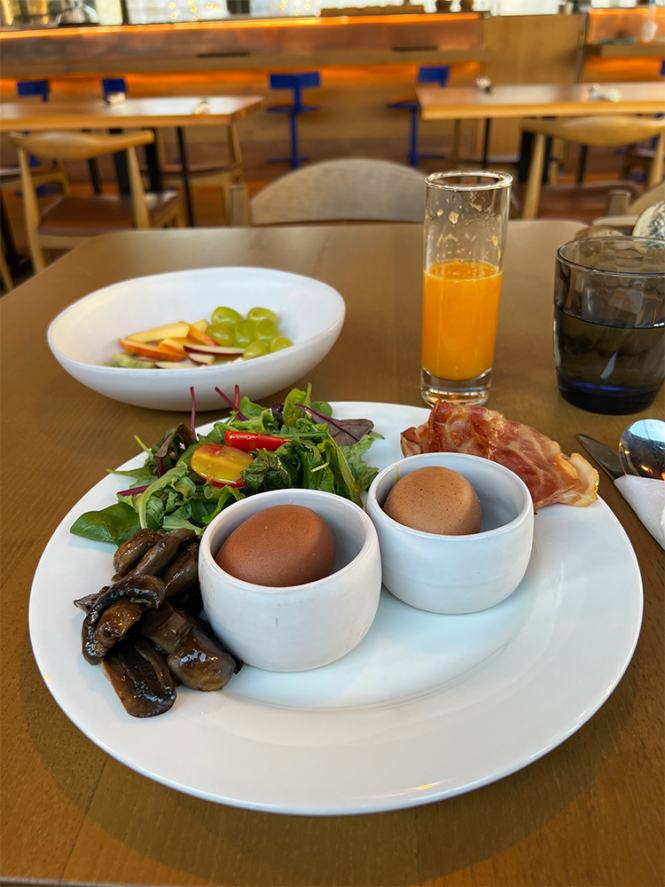 Photo of a Greek breakfast at Stories Urban Gastronomy at the Editor Hotel in Athens, Greece. 